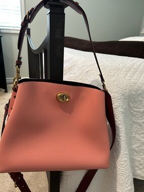 Coach Pebbled Leather Shoulder Bag in Coral and Burgundy with Gold Hardware